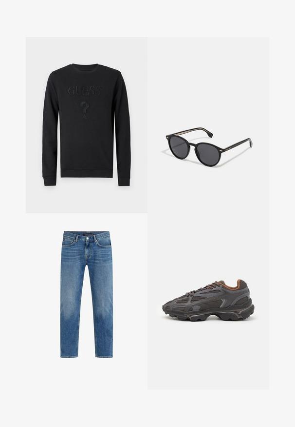 Felpa nera realizzata in morbido tessuto, con logo "GUESS" in rilievo, colletto rotondo e maniche lunghe con polsini e orlo a costine.; T-shirt in cotone rosso con maniche corte, collo rotondo e un piccolo logo sul lato sinistro del petto. Texture liscia e vestibilità regolare.; Jeans in denim leggermente blu con design a gamba dritta, lavaggio sbiadito, cinque tasche, cuciture a contrasto e chiusura anteriore con bottone.; Sneaker Lacoste grigie scure in materiale mesh e sintetico, con suola testurizzata e dettagli marroni sul colletto e sul branding.; BOSS Occhiali da sole - black