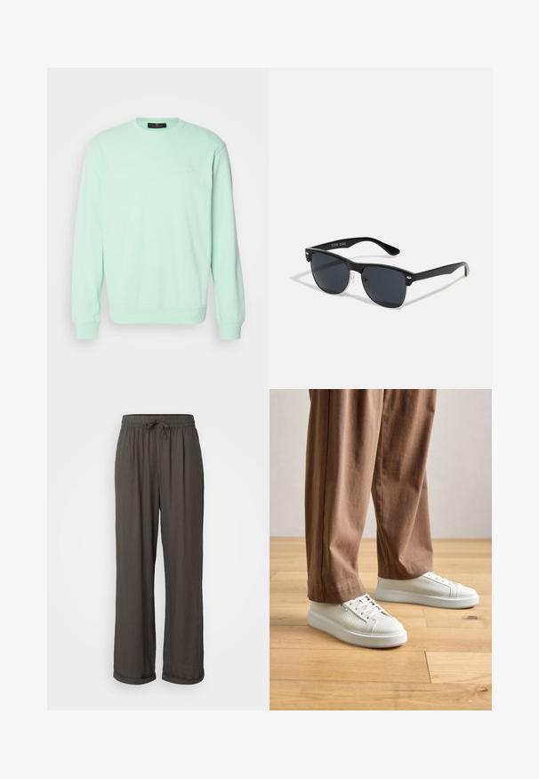Mint green sweatshirt made of soft fabric, featuring a crew neck, long sleeves, and a small logo detail on the chest.; Dark gray wide-leg pants with a drawstring waist, made of a soft, textured fabric, featuring rolled cuffs at the ankles.; Person wearing white textured low-top sneakers and loose brown pants, standing on light wood floor.; Black sunglasses with a rectangular shape, dark lenses, silver accents at the temples, and a matte finish on the frame.