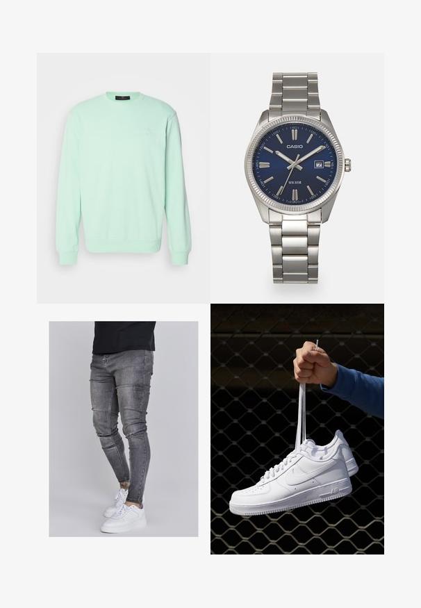 Mint green sweatshirt made of soft fabric, featuring a crew neck, long sleeves, and a small logo detail on the chest.; Skinny jeans in faded gray denim, featuring distressed details at the knees, paired with white sneakers. Smooth texture, slim fit design.; White leather sneakers with perforations, round toe, flat sole, and thick laces, featuring a visible swoosh logo and "AIR" on the heel.; Silver stainless steel wristwatch with a navy blue dial, metallic hour markers, and a date window at 3 o'clock. Water-resistant to 50 meters.