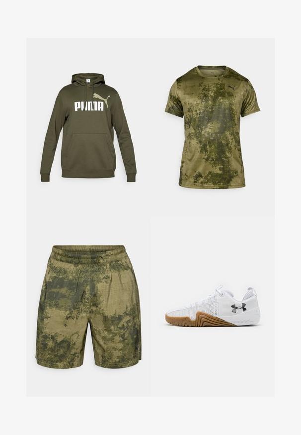 Alyvuogių spalvos džemperis su priekiniais kišenėmis, su raišteliu reguliuojama kapučiuku ir dideliu baltu "PUMA" logotipu su akcento logotipu. Medvilnės ir sintetinio pluošto mišinys.; Šviesiai žalia trumpomis rankovėmis sportinė marškinė su tekstūriniu raštu. Yra mažas juodas logotipas kairėje krūtinės pusėje.; Kamufliažo rašto šortai žaliais atspalviais, pagaminti iš lengvos medžiagos su elastinga juosta ir laisvu siluetu.; Balti sportiniai batai su tinklelio viršumi, guminiu padu rudos spalvos, tekstūruotais akcentais ir juodu logotipu šone.