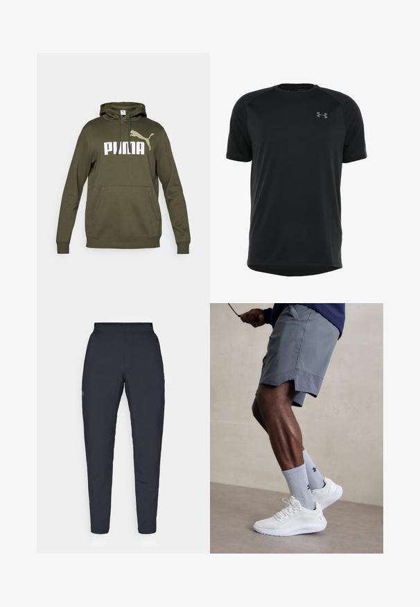 Hanorac verde măsliniu cu buzunar frontal tip kangaroo, glugă cu șnur și un mare logo alb "PUMA" cu un logo de accent. Material dintr-un amestec de bumbac.; Tricou sportiv negru cu mânecă scurtă, realizat dintr-un material neted și ușor. Are un guler rotund și un logo discret pe piept.; Pantaloni sportivi negri cu o textură fină, croială slim, talie elastică și buzunare laterale. Prezentă un mic logo pe coapsa stângă.; Încălțăminte sport albă cu partea superioară din plasă texturată, asociată cu șosete ribbate de culoare bleu deschis care au un logo. Şorturi sportive gri cu margine perforată.