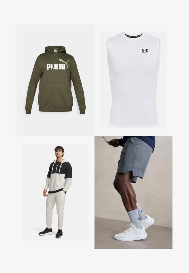 Olive green hoodie with a front kangaroo pocket, drawstring hood, and large white "PUMA" logo with an accent logo. Cotton blend material.; White sleeveless athletic shirt made from moisture-wicking fabric. Features a round neck, flat seams, and a black Under Armour logo on the chest.; Hooded athletic jacket in black and white with a zip closure; paired with white joggers featuring pockets and elastic cuffs; black sneakers.; White athletic shoes with textured mesh upper, paired with light blue ribbed socks featuring a logo. Grey athletic shorts with perforated trim.