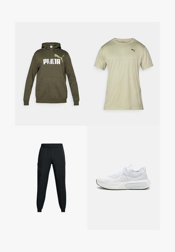 Olivgrön hoodie med en framficka i känguru-stil, dragsko huva och stort vitt "PUMA"-logotyp med accentlogotyp. Blandat bomullsmaterial.; Ljusgrön kortärmad T-shirt i mjukt material, med rund hals och en liten svart Puma-logga på bröstet.; Svarta träningsbyxor med elastiskt midjeband, design med avsmalnande ben, sidofickor och kontrasterande paneldetaljer. Lätt, slät tyg.; Vit sportskor med en texturerad stickad ovandel, snörning, vadderad sula och en distinkt varumärkesdetalj på sidan.