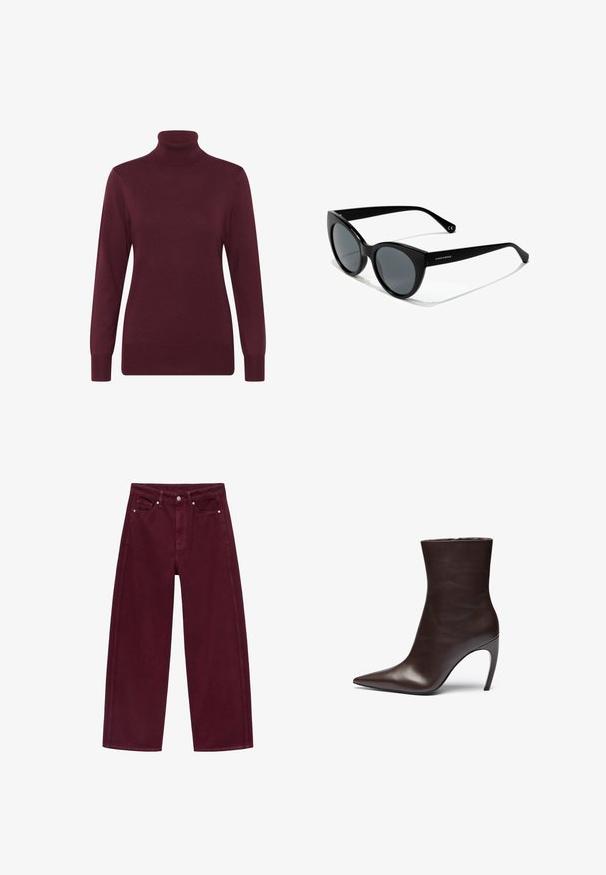 Bordeaux coltrui van zacht gebreid materiaal, met lange mouwen en een geribde kraag en zoom, die een aansluitende silhoutte biedt.; Bordeaux wijde jeans van denim, met een vier-pocket ontwerp en metalen knoopsluiting met bijpassende stiksels.; Bruin leren enkellaars met een puntige neus, slanke silhouette en een hoge stilettohak. Heeft een gladde textuur en een minimalistisch ontwerp.; Cat-eye zonnebrillen met zwarte kunststof monturen, grijs getinte lenzen en een gladde afwerking. Heeft een logo op de linkerkant van de poot en gebogen tempels.; Zwarte leren handtas met een gebogen ontwerp, goudkleurige accenten en een bovenhandvat. Heeft een strakke sluiting en een gladde textuur.