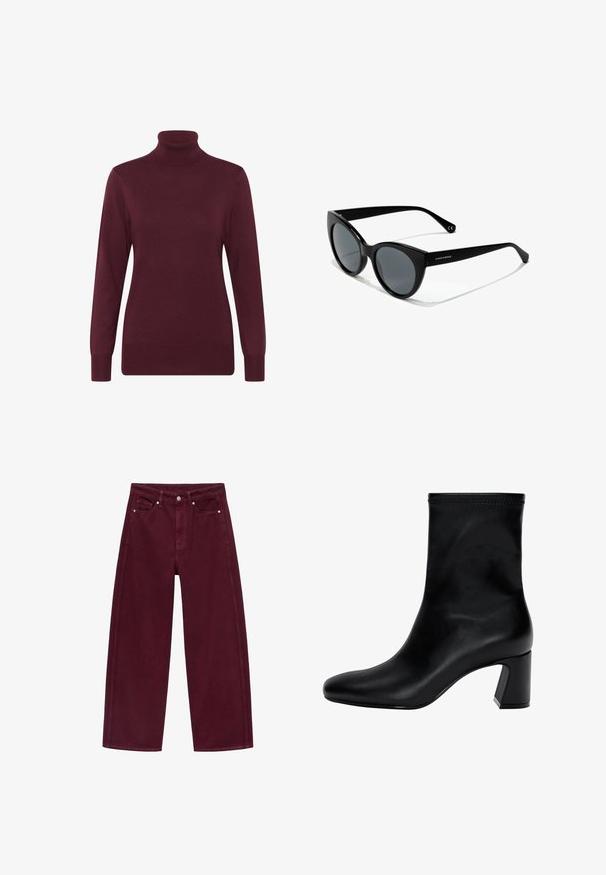 Maglione a collo alto color bordeaux realizzato in morbido tessuto a maglia, con maniche lunghe e collo e orlo a coste, che conferisce una silhouette aderente.; Jeans a gamba larga color bordeaux realizzati in denim di cotone, caratterizzati da un design a quattro tasche e chiusura con bottone in metallo con cuciture coordinate.; Stivaletto nero fino alla caviglia in pelle liscia. Presenta una punta quadrata, un bordo elastico e un tacco robusto per la stabilità. Design minimalista.; Occhiali da sole a forma di gatto con montatura in plastica nera, lenti grigie e finitura liscia. Presenta il logo sul braccio sinistro e templi curvati.; Borsa a tracolla in pelle nera con design curvo, hardware color oro e manico superiore. Caratterizzata da una chiusura elegante e una superficie liscia.