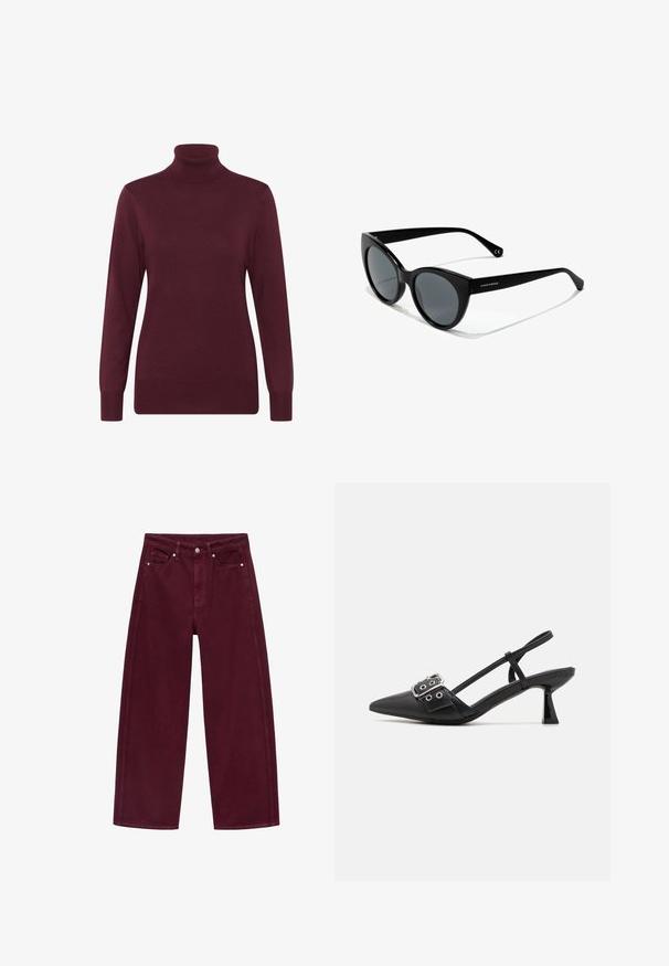 Burgundy turtleneck sweater lavet af blødt strikstof, med lange ærmer og ribbet krave og kant, der giver en tætsiddende silhuet.; Bordeaux bredde ben jeans lavet af bomuldsdenim, med fire-pocket design og metalknap lukning med matchende syninger.; Simmi London DALA - Pumps - black; Kattøje-solbriller med sorte plastrammer, grå tonede linser og glat overflade. Har logo på venstre arm og buede stænger.; Sort læderhåndtaske med et buet design, guldfarvet hardware og en øverste håndtag. Har en strømlinet lukning og en glat tekstur.