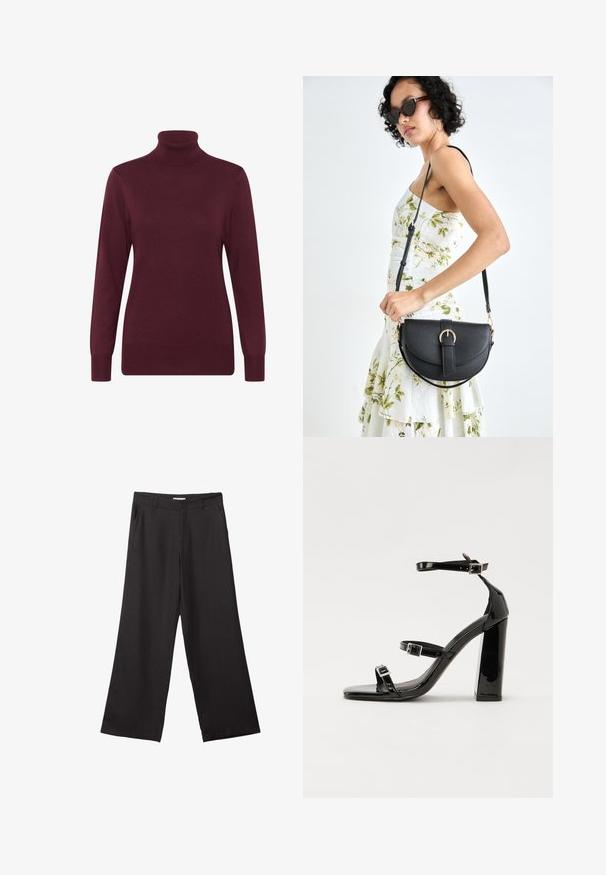 Burgundski turtleneck pulover od mekanog pletene tkanine, s dugim rukavima i rebrastim okovratnikom i rubovima, koji pruža prilagođeni siluet.; Crne hlače širokog kroja izrađene od glatkog materijala, s prednjim patentnim zatvaračem i dva bočna džepa, s prilagođenim fitom i minimalističkim dizajnom.; Crne lakirane sandale na pete sa kvadratnim nosom, trakama oko gležnja i srebrnim kopčama. Imaju čvrst blok petu za stabilnost.; Crna kožna torba s lukovitim oblikom, odvojivim remenom i zlatnim detaljima. Torba ima preklop s kopčom.