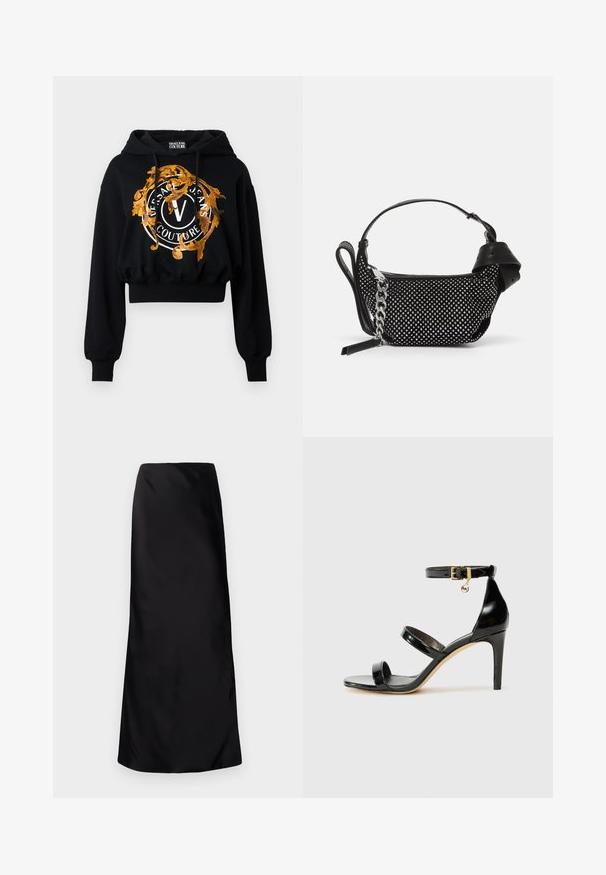 Haut à capuche court noir en tissu doux, orné d'un graphique doré et orange avec un texte circulaire et un logo central en "V".; Norma Kamali BIAS OBIE SKIRT - Jupe longue - black; Sandale en cuir verni noir avec trois brides, boucle de cheville et talon aiguille de 10 cm. Présente un détail en métal doré et un charm logo.; Sac à main noir avec un design texturé, orné de clous en argent et d'une bandoulière en chaîne argentée épaisse. Présente une forme élégante et minimaliste.