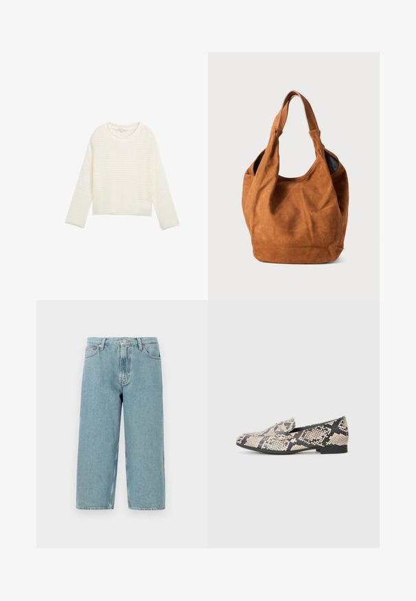 Bijela, skraćena džemperica s teksturiranim, pletenim uzorkom, okruglim izrezom i dugim rukavima. Mekana tkanina s opuštenim krojem.; Svijetloplave traper šortse s visokim strukom, ravnog kroja i neuređenim rubom. Imaju klasično kopčanje na gumb i rajsferšlus, te četiri džepa.; Bež i crne python uzorčaste loafers cipele, s okruglim prstima, ravnim potplatom i dizajnom za brzo obuvanje. Teksturalni sintetički materijal.; Smeđa nubuk torba preko ramena s mekom teksturom, zakrivljenim oblikom i dva ručka. Ima minimalistički dizajn bez vidljivih metalnih dijelova ili naglašavanja.