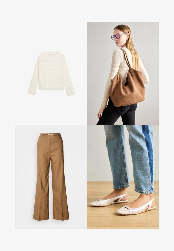 Pulover alb scurt, cu un model texturat, tricotat, guler rotund și mâneci lungi. Material moale, cu o croială lejeră.; Pantaloni largi maro, realizati dintr-un material usor. Prezintă un front plat, curea pentru centură și o siluetă tailată cu o tăietură până la glezne.; Sandalete plate de un roz pal cu vârf ascuțit, realizate dintr-un material asemănător pielii, neted. Prezintă detalii decupate pe laterale și un toc plat.; Geantă de umăr din suede maro, cu o textură moale, deschidere mare și curele lungi. Prezintă un design simplu, cu cusături vizibile și fără accesorii metalice.
