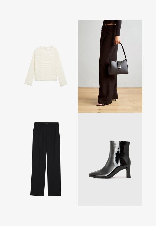 Bel bela, skrajšana pulover s teksturiranim, pletenim vzorcem, okroglim izrezom in dolgimi rokavi. Mehka tkanina s sproščenim krojem.; Črne hlače s ravnim krojem, ki imajo dva sprednja žepa in pas. Narejene so iz gladkega, lahkega materiala.; Črne lakirane gležnjarje z ošiljenim nosom in srednje visokim blokastim peto. Gladka tekstura in minimalističen dizajn.; Črna torbica z strukturirano obliko, gladko teksturo in kovinskim zaponko. Ujemajo se z širokimi črnimi hlačami in odprtimi sandali na lesenem tleh.