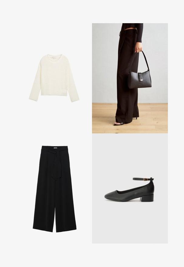 Biała, krótka bluza z teksturowanym, dzianinowym wzorem, okrągłym dekoltem i długimi rękawami. Miękka tkanina o luźnym kroju.; Czarne spodnie szerokie z teksturowanej tkaniny, z elastycznym paskiem w talii i odpinanym paskiem w talii dla regulowanego dopasowania.; Czarne skórzane szpilki z ostrym noskiem i niskim słupkowym obcasem. Wyposażone w pasek na kostkę z złotym zapięciem. Gładka tekstura.; Czarna torebka o usztywnionym kształcie, gładkiej fakturze i metalowym zapięciem. Połączona z szerokimi czarnymi spodniami i sandałami na otwartym palcu na drewnianej podłodze.