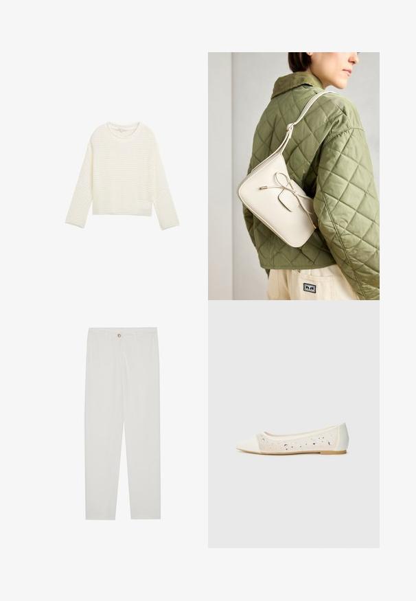 Fehér, rövid fazonú pulóver texturált, kötött mintával, kerek nyakkivágással és hosszú ujjak. Puha anyag, laza szabással.; Fehér, testreszabott nadrág egyenes szárú szabással, gombos záródással, övcsatolókkal és oldalsó zsebekkel; sima textúrájú anyag.; Krém bőrből készült, hegyes orrú lapos cipő átlátszó felsőrésszel, ami szétszórt gyémántokkal van díszítve. Puha talp a kényelemért, minimalista dizájn.; Beige színű bőr keresztpántos táska masni részlettel, arany színű fém kiegészítőkkel és egy állítható pánttal, zöld steppelt dzsekin viselve.