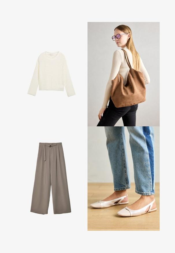 Bel bela, skrajšana pulover s teksturiranim, pletenim vzorcem, okroglim izrezom in dolgimi rokavi. Mehka tkanina s sproščenim krojem.; Široke hlače iz mehke, umirjene sive tkanine, z pasom, ki ga je mogoče zavezati, in z gubami za dodatne oblikovne podrobnosti. Gladka tekstura, brez vzorcev.; Svijetloružičaste slingback balerinke s šiljastim nožnim prstima, napravljene od glatkog materijala nalik koži. Imaju izrezane detalje sa strane i ravne pete.; Rjava semišna torba z mehko teksturo, velikim odprtjem in dolgimi ročaji. Ima preprost dizajn z vidnim šivanjem in brez okovja.