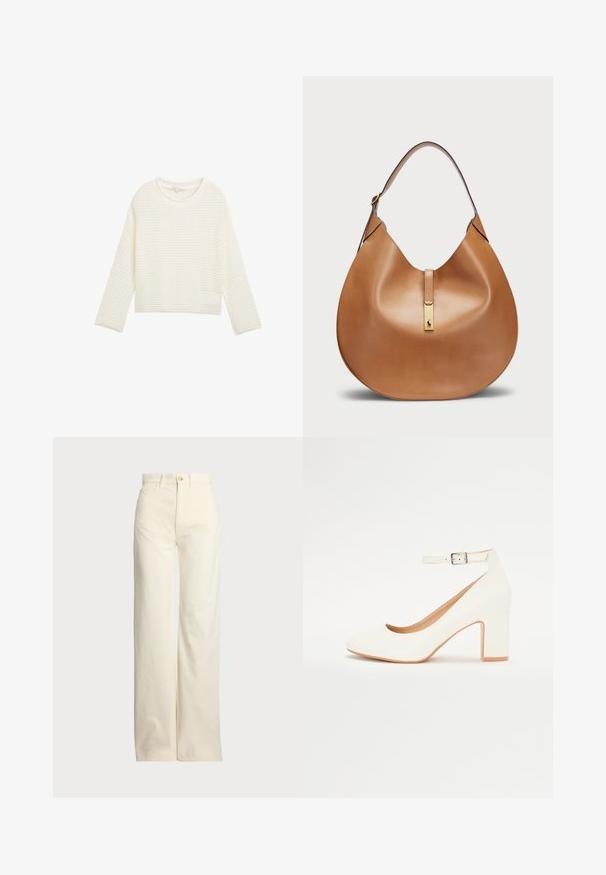 Witte, geknipte trui met een textuur van gebreide patroon, ronde halslijn en lange mouwen. Zacht stof met een ontspannen pasvorm.; Polo Ralph Lauren COTTON CORDUROY WIDE-LEG PANT - Broek - warm white; Witte hoge hak schoen met een puntige neus, blokhak en enkelbandje. Glamoureuze afwerking met een subtiele glans en een beige binnenvoering.; Tan leren handtas met een gebogen vorm en een brede schouderband. Heeft een gouden metalen accent in het midden en een gladde textuur.