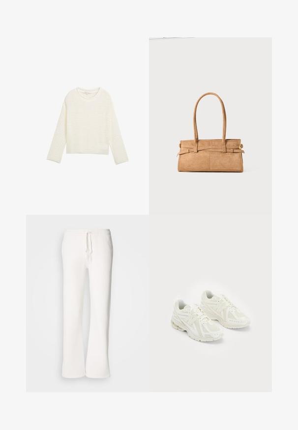 Bijela, skraćena džemperica s teksturiranim, pletenim uzorkom, okruglim izrezom i dugim rukavima. Mekana tkanina s opuštenim krojem.; Bijele, opuštene hlače od flisa izrađene od mekog materijala, s elastičnim pojasom i vezicom te ravnim nogavicama.; Bijele atletske cipele izrađene od mrežastih i sintetičkih materijala, s dizajnom na vezivanje, podstavljenim ovratnikom i teksturiranom potplatom za prijanjanje. Lagana konstrukcija.; Torbica od tan zamsha s dva dugačka ručka, pravokutnog oblika i dekorativnim šavovima. Ima bočni pojas i diskretne zlatne metalne akcenti.