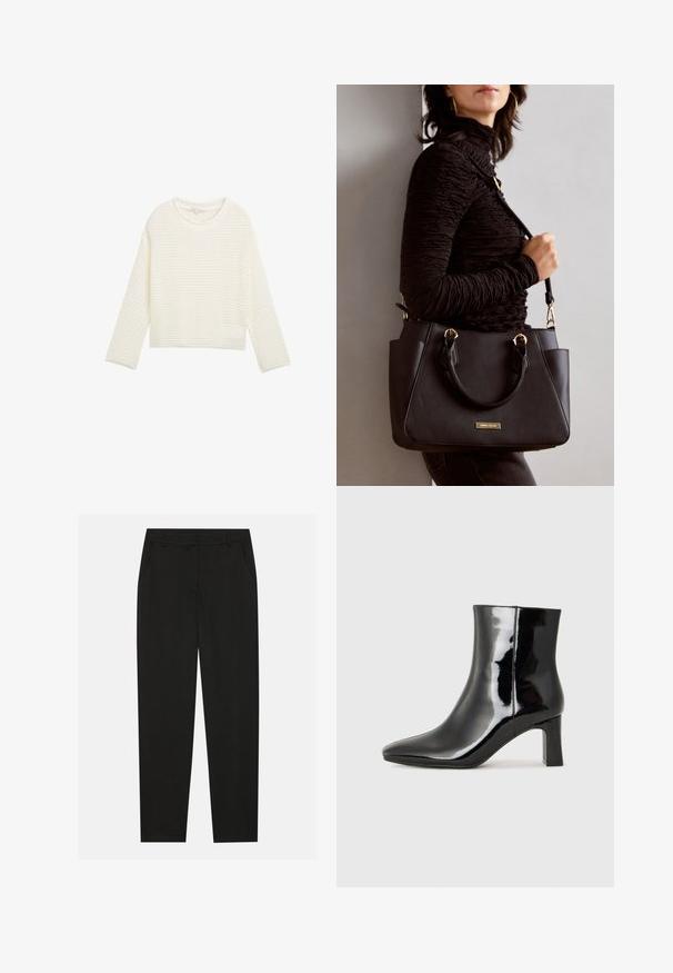 Hvit, kortermet genser med et teksturert, strikket mønster, rund hals og lange ermer. Myk stoff med løs passform.; Sorte bukser med skreddersydd design, med sidelommer og rett ben. Laget av glatt, lett stoff med en elegant finish.; Sorte patentlær ankle boot med spiss tå og en mellomhøy blokkhelt. Glatt tekstur og minimalistisk design.; Svart håndveske med teksturert overflate, doble topphåndtak og justerbar skulderrem. Har detaljer i gulltone og sidelommer.