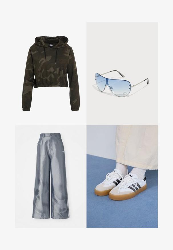 Sötét álcázású cropped kapucnis pulóver, húzózsinórral ellátott kapucnival, hosszú ujjakkal és rugalmas aljjal. Puha, texturált anyagból készült.; Fényes szürke anyagú, bőszárú nadrág, fehér oldalsávokkal és lángmintával az alsó lábakon. Gombos és cipzáras záródás a deréknál.; Fehér sportcipő fekete csíkokkal és bézs velúr részletekkel. Texturált gumi talppal és lapos fehér fűzőkkel rendelkezik, világos színű zoknival viselve.; Pilóta napszemüveg, melynek áttetsző kék lencséje, ezüst fém kerete és díszes csillag díszítések találhatók a lencsén. Simogató és elegáns dizájn.