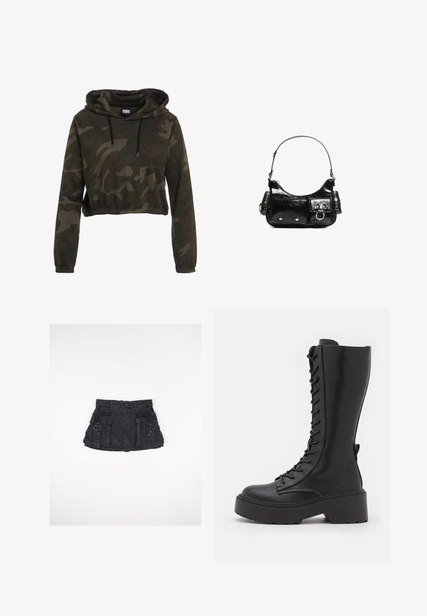 Felpa cropped in camouflage scuro, con cappuccio regolabile, maniche lunghe e orlo elasticizzato. Realizzata in un morbido tessuto testurizzato.; Gonna mini in denim nero con due tasche frontali, fibbie laterali e vita aderente. Presenta una texture liscia e un orlo dritto.; Stivali neri al ginocchio con lacci, con una suola spessa e piattaforma, finitura in pelle liscia e cuciture rinforzate lungo le cuciture.; Borsa a spalla in vernice nera con forma curvata, una tracolla, tasche frontali e dettagli in metallo argentato.