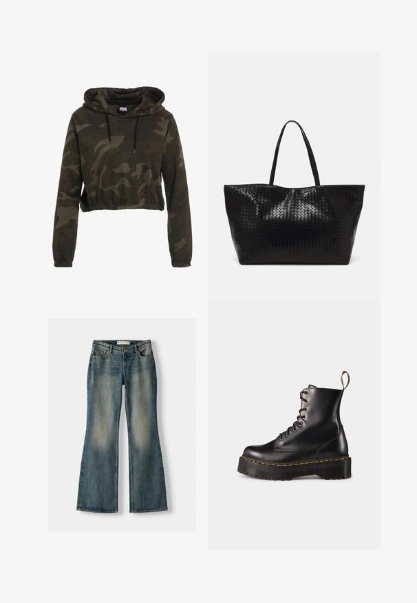 Kratka kapuca v temni kamuflažni barvi, z vrvico za zategovanje, dolgimi rokavi in elastičnim robom. Narejena iz mehke, teksturirane tkanine.; Modre razširjene kavbojke z zbledelim pranjem, petimi žepi in gumbom za zapiranje. Material ima teksturo džinsa z diskretnimi šivi.; Črne usnjen lace-up gležnjarje z debelim črnim podplatom in rumenim šivanjem. Imajo zanko na hrbtni strani in okrogle kovinske učke.; Črna tkanina torba s trdnimi ročaji, ki ima sijočo teksturo in prostoren odprt zgornji dizajn.