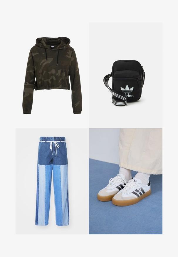 Sötét álcázású cropped kapucnis pulóver, húzózsinórral ellátott kapucnival, hosszú ujjakkal és rugalmas aljjal. Puha, texturált anyagból készült.; Kék farmernadrág, foltvarrásos dizájnnal, különböző árnyalatú kékekből, húzózsinóros derékkal és laza, egyenes szabású lábakkal.; Fehér sportcipő fekete csíkokkal és bézs velúr részletekkel. Texturált gumi talppal és lapos fehér fűzőkkel rendelkezik, világos színű zoknival viselve.; Fekete anyagú, keresztpántos táska cipzáras záródással, fehér Adidas logóval és csíkos állítható pánttal a könnyű hordozás érdekében.