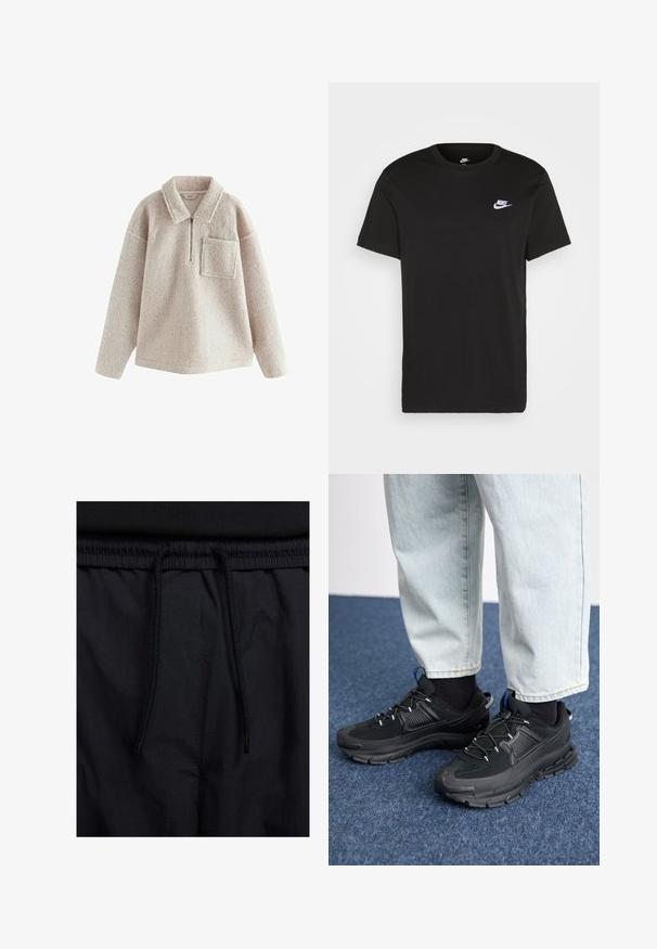Pullover in pile beige con una texture accogliente, zip frontale a metà, colletto e tasca sul lato sinistro del petto. Presenta una vestibilità comoda e maniche lunghe.; T-shirt in cotone nero con maniche corte, colletto rotondo e un piccolo logo Nike bianco sull'upper sinistra del petto. Texture liscia. Taglio classico.; Shorts neri con vita regolabile tramite coulisse, tessuto leggero con una texture liscia e un design semplice senza loghi o motivi visibili.; Scarpe sportive nere con tessuto testurizzato e suole in gomma, dotate di lacci elastici e un accento blu sul tallone. Indossate con pantaloni in denim chiaro.