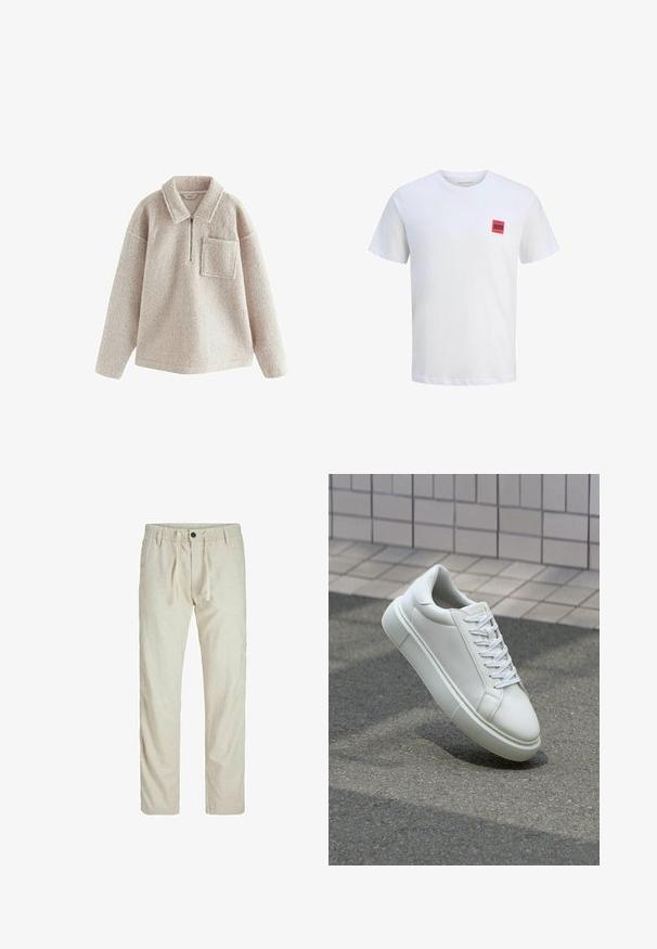 Jersey de forro polar beige con una textura acogedora, con media cremallera en la parte delantera, cuello y bolsillo en el pecho izquierdo. Presenta un corte relajado y mangas largas.; Camiseta de algodón blanca con mangas cortas, que presenta un pequeño parche cuadrado rojo con texto negro en la parte izquierda del pecho. Diseño clásico de cuello redondo.; Pantalones de lino beige con cintura con cordón, diseño de pierna recta y cierre frontal de botón. Textura suave con un patrón sutil.; Zapatilla de cuero blanca con una superficie lisa, punta redonda y cordones blancos planos. Presenta una suela de goma texturizada y elementos de diseño mínimos.