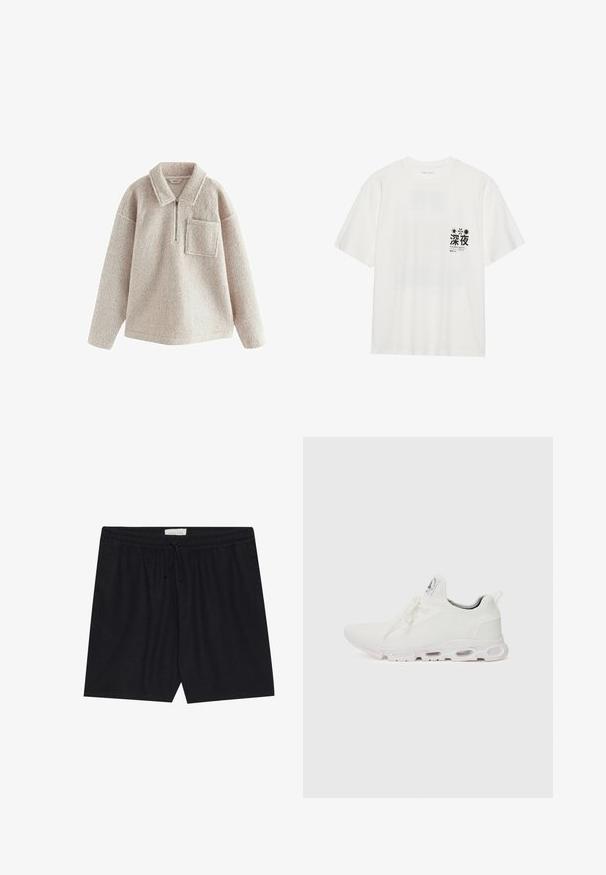 Beige fleece-pullove, jossa on mukava rakenne, puolivetoketjun etuosa, kaulus ja vasemmassa rintataskussa. Ominaisuuksina rento leikkaus ja pitkät hihat.; Valkoinen puuvillainen T-paita lyhyillä hihoilla. Oikealla rintakehällä musta graafinen printti, jossa on tekstiä ja kuvioita, mukaan lukien tähtiä.; Mustat, elastiset vyötäröshortsit, joissa on nyöri, sileäpintaiset ja suorarunkoiset, sopivat arkikäyttöön.; Valkoiset urheilukengät, joissa on teksturoitu neulepinta, litteät nauhat ja pehmustettu pohja, jossa on näkyvät ilmakammiot lisätuen tarjoamiseksi.