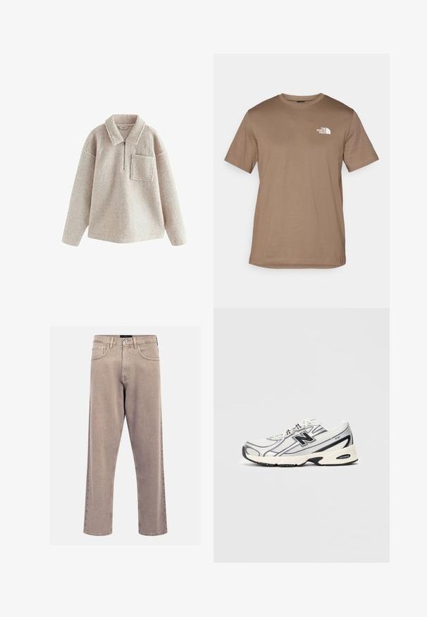 Pullover in pile beige con una texture accogliente, zip frontale a metà, colletto e tasca sul lato sinistro del petto. Presenta una vestibilità comoda e maniche lunghe.; T-shirt corto marrone a maniche corte in cotone con collo a girocollo a coste. Presenta un piccolo logo bianco sulla parte sinistra del petto.; Jeans beige a gamba dritta in denim, con un classico design a cinque tasche, dettagli cuciti e un orlo pulito.; Sneaker atletico bianco e grigio con logo "N" nero, tomaia in rete, suola ammortizzata e design con lacci, mostrato su uno sfondo grigio chiaro uniforme.