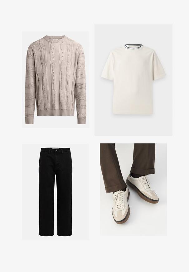 Pulover bej deschis cu modele texturate și în relief. Mâneci lungi, gât rotund cu nervuri și margine cu nervuri. Țesătura pare moale, cu un design ușor neregulat.; Tricou din bumbac de culoare crem, cu mâneci scurte, având un decolteu rotund accentuat cu dungi bleumarin și albe. Textură netedă, croi confortabil.; Pantaloni din denim negri cu croi drept, design clasic cu cinci buzunare și închidere cu nasture la talie. Textură netedă și material durabil.; Adidași bej cu un vârf din suede texturat, laterale din piele netedă și o talpă din cauciuc maro. Șireturile și detalii de cusătură subtilă incluse.