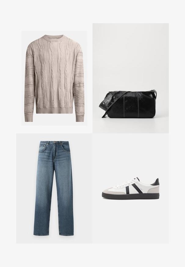 Hellbeige Pullover mit strukturierten, erhabenen Mustern. Lange Ärmel, gerippter Rundhalsausschnitt und Saum. Der Stoff wirkt weich mit einem leicht unregelmäßigen Design.; Gerade geschnittene blaue Jeans aus Denim mit gewaschenem Finish, ausgestattet mit einem Fünf-Taschen-Design, Metallknopf und Gürtelschlaufen. Robustes, mittelschweres Material.; Weiße Sneaker mit schwarz- und grau-aczenten, ausgestattet mit einer strukturierten grauen Zehenkappe, schwarzer Gummi-Sohle und flachen weißen Schnürsenkeln. Sauberes Design, minimalistische Stil.; Schwarze Leder Schultertasche mit Reißverschluss, ausgestattet mit einer strukturierten Oberfläche, weißen Nähten und einem Tragegurt mit silbernen Ösen.
