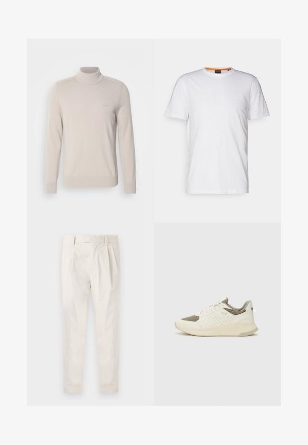 Lahko bež pulover z visokim ovratnikom, izdelan iz mehke tkanine. Ima rebraste manšete in rob, z diskretno logotipom na prsih. Klasična zasnova.; Bela bombažna majica s kratkimi rokavi in okroglim izrezom, z diskretnim reliefnim logotipom na prsih. Notranja oznaka ima oranžni akcent.; Bele, plisirane hlače s krojenim prileganjem, z gladko teksturo, z zankami za pas in ožjimi hlačnicami. Brez vidnih žepov ali vzorcev.; Beli in svetlo bež športni copat, s mrežastim zgornjim delom, perforiranimi detajli in teksturirano srednjim delom z blagovno znamko na peti.