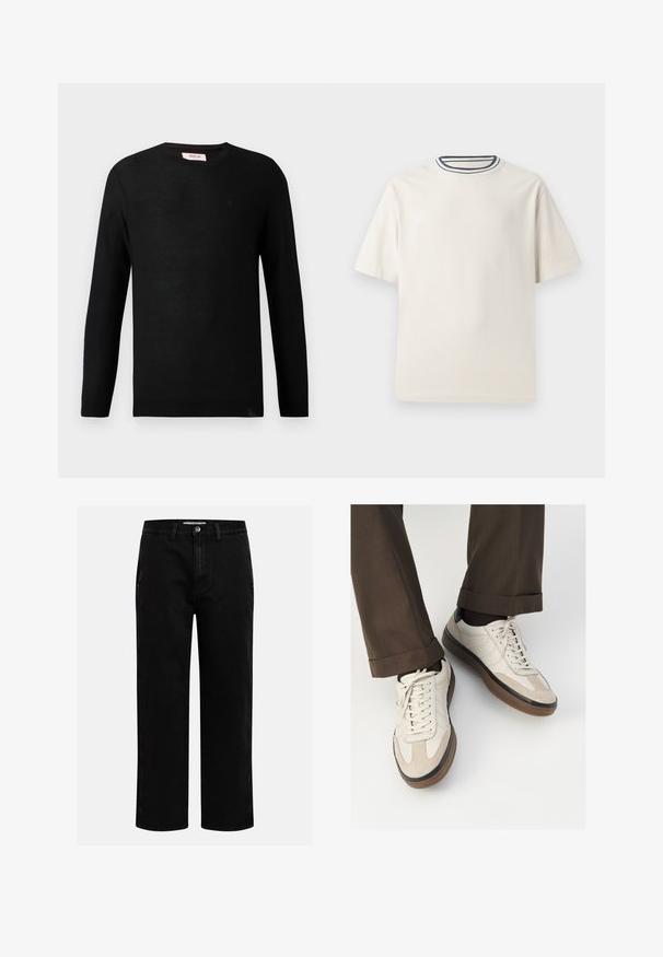 Sweater de malha preta com mangas longas e decote redondo. Textura subtil e um pequeno detalhe de logótipo no peito. Design clássico e versátil.; T-shirt de algodão em cor creme com mangas curtas, apresentando um decote redondo realçado por listras em azul-marinho e branco. Textura suave, corte descontraído.; Calças de ganga pretas com corte reto, design clássico de cinco bolsos e fecho de botão na cintura. Textura suave e tecido durável.; Tênis bege com frente em camurça texturizada, lados em couro liso e sola em borracha marrom. Inclui cadarços e detalhes de costura clara.