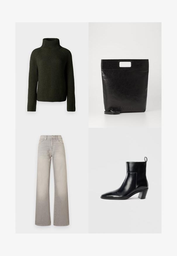 Suéter de gola alta em malha canelada verde escura, com mangas longas e um corte solto. Feito de material de malha texturizada, que oferece calor e conforto.; Jeans largos cinzentos com um acabamento desbotado, fecho de botão, design de cinco bolsos e detalhes costurados ao longo das costuras.; Botim de cano baixo em couro preto com bico pontiagudo, um salto geométrico empilhado e uma alça na parte de trás. Textura suave e design elegante.; Saco tote de couro preto com uma pega quadrada, apresentando um acabamento texturizado e logotipo em relevo. Inclui uma alça destacável.