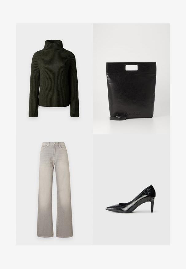 Dark green ribbed turtleneck sweater with long sleeves and a relaxed fit. Made from textured knit material, offering warmth and comfort.; Gray wide-leg jeans with a faded finish, button closure, five-pocket design, and stitched detailing along the seams.; Black pointed-toe high heels with a glossy finish and subtle textured pattern. Features a moderate heel and open throat design.; Black leather tote bag with a square handle, featuring a textured finish and embossed logo. Includes a detachable strap.