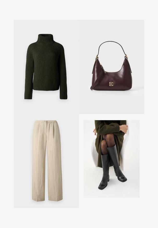 Maglione a collo alto ribbed di colore verde scuro, con maniche lunghe e una vestibilità rilassata. Realizzato in materiale a maglia testurizzata, offre calore e comfort.; Pantaloni beige a gamba larga realizzati in tessuto morbido con vita elastica arricciata e chiusura con bottone frontale. Tessuto liscio con pieghe.; Stivali neri in pelle alti fino al ginocchio con punta squadrata e tacco a blocco, mostrati con un modello seduto in un cappotto verde oliva. Texture liscia, dettagli minimi.; Borse in pelle borgogna con forma curva, dettagli in oro sull'hardware e chiusura con cerniera. Presenta una tracolla staccabile.