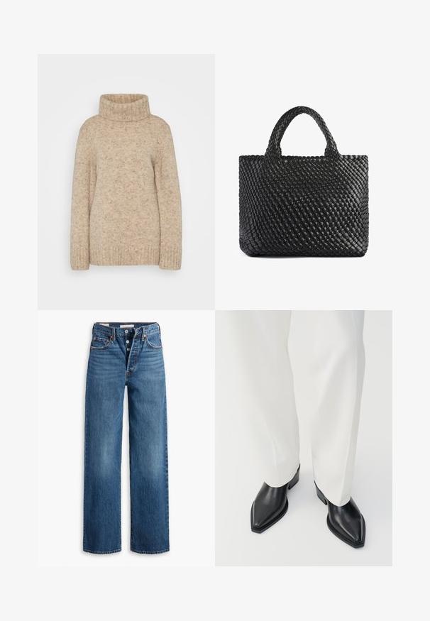 Beige neulepusero korkealla kauluksella, jossa on ribbineulekaulus, pitkät hihat ja tekstuuri, jossa on hienovaraisia pilkkuja. Rentouttava istuvuus.; Siniset farkut, joissa on leveälahkeinen muotoilu, viisi taskua, nappikiinnitys ja erottuva ompelu. Teksturoitu kangas, jossa on haalistunut pinta.; Mustat kärkipanokset nilkkurit, joissa on sileä nahkapinta ja matalat lohkokorkot, yhdistettynä valkoisiin leveälahkeisiin housuihin. Yksinkertainen ja moderni muotoilu.; Mustakudottu kassi kahdella kahvalla, jossa on tekstuuri pinta ja suorakulmainen muoto. Yksinkertainen, ainutlaatuinen muotoilu ilman näkyvää metalliosaa.