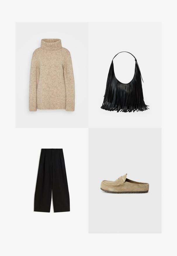 Beige neulepusero korkealla kauluksella, jossa on ribbineulekaulus, pitkät hihat ja tekstuuri, jossa on hienovaraisia pilkkuja. Rentouttava istuvuus.; Mustat leveät housut, jotka on valmistettu sileästä kankaasta, joissa on korkea vyötärö, etupuolella laskos ja ei näkyviä koristeita tai kuvioita.; Birkenstock NAPLES WRAPPED LEVE TAUPEN - REGULAR - Matalakantaiset pistokkaat - taupe; Mustavihreä nahkalaukku, jossa on reunuksesta roikkuvia viuhkoja, kaareva muoto ja yksi olkahihna. Silkkinen pinta ja yleiskuva minimalistisesta muotoilusta.