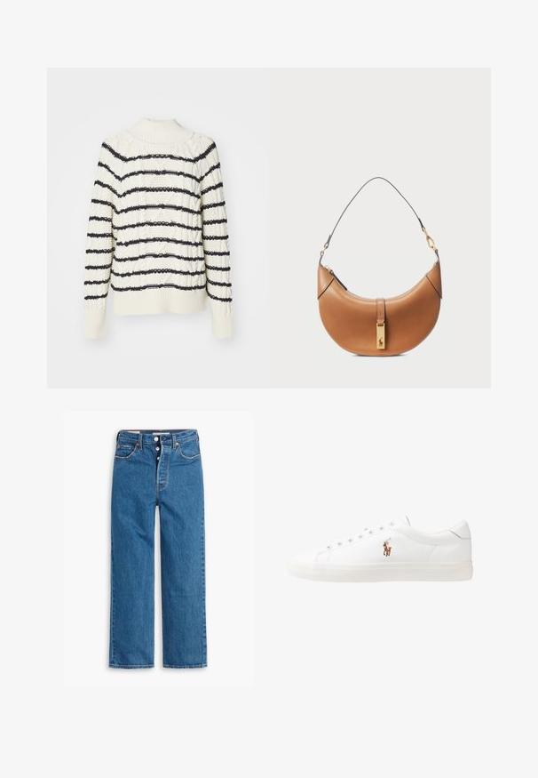 Kermainen neulepaita, jossa on tummansinisiä vaakaraidoituksia, korkea kaulus, teksturoitu pinta sekä ribbireunat hihansuissa ja helmassa.; Siniset farkut suoran lahkeen muotoilulla, korkea vyötärö, viisi taskua ja napitus. Huomattava ompelu ja kuparinsävyiset niitit.; Valkoiset nahkakengät, matala malli, jossa on sileä pinta, pyöreä kärki, nauhakiinnitys edessä ja pieni brodeerattu logo sivulla.; Vaaleanruskea nahkainen käsilaukku, jossa on kaareva muoto, kultaiset metalliosat ja ohut olkahihna. Varustettu vetoketjulla ja logolla edessä.