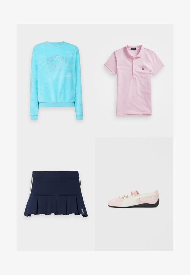 Light blue tie-dye sweatshirt with a crew neckline, long sleeves, and rhinestone text reading "ACTIVE 77" across the front.; Pink polo shirt made of cotton, featuring a classic collar, three buttons, short sleeves, and a small navy logo on the chest.; Navy blue pleated skirt made of stretchy fabric, with a fitted waist and side zipper detail. Stitching is visible along the seams.; Pink suede slip-on shoe with white accents, rubber sole, and elastic straps. Features a textured design and a small logo on the front.