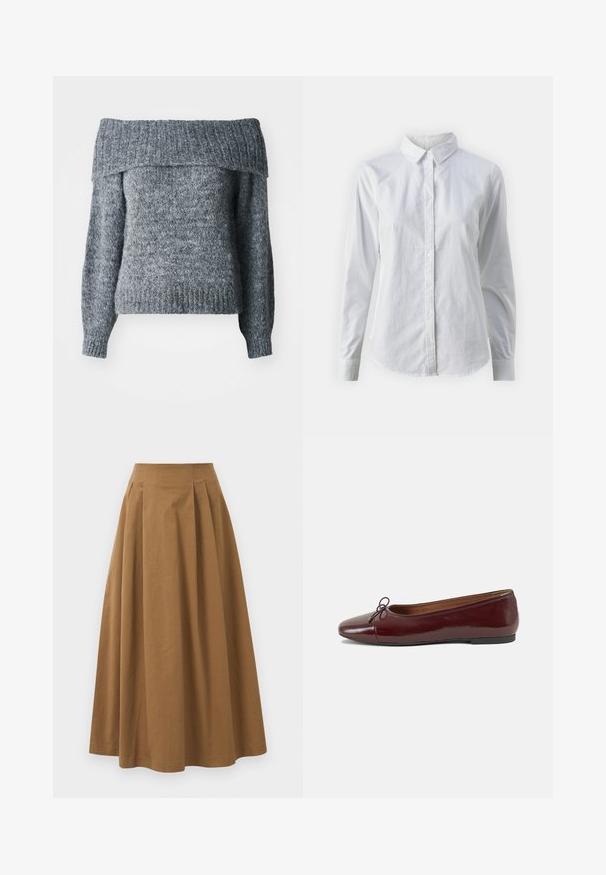 Pull gris à épaules dénudées, texture tricotée, manches longues, ourlet et encolure côtelés avec une coupe ample, idéal pour le superposition.; Chemise blanche à manches longues en coton lisse, dotée d'un col classique et d'un ourlet arrondi. Les boutons sont petits et blancs.; Jupe A-line en coton brun avec taille haute, dotée de plis sur le devant et d'une texture lisse. Les finitions de l'ourlet sont nettes et simples.; Ballerines en cuir verni bordeaux avec un bout rond, un petit nœud décoratif à l'avant et une semelle en caoutchouc noire basse. Texture lisse.