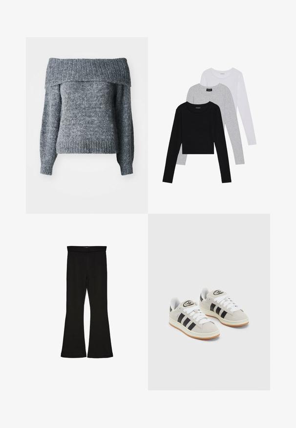 Grauer schulterfreier Pullover mit gestrickter Textur, langen Ärmeln, geripptem Saum und Kragen sowie einer lockeren Passform, ideal zum Layering.; Drei langärmelige Oberteile gestapelt: schwarz, grau und weiß. Jedes hat einen runden Halsausschnitt und ein kurzes Design aus glattem, leichtem Stoff.; Schwarze Schlagleggings aus dehnbarem Stoff. Sie verfügen über einen breiten Bund und eine glatte Textur, mit einer enganliegenden Silhouette, die am Saum ausgestellt ist.; Graue Wildledersneaker mit weißen Schnürsenkeln, schwarzen Streifen und einer weißen Gummisohle. Merkmale sind ein kreisförmiges Logo auf der Zunge und eine Gummisohle.