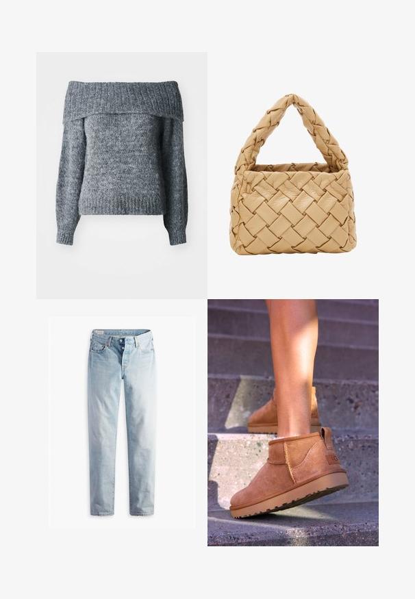 Harso taukoisilla, harmaa neulepaita, neulottu pinta, pitkät hihat, ribbireunus ja kaulus, löysä istuvuus, sopii kerroksittain pukemiseen.; Vaaleansiniset farkut, joissa on suora lahje, kaksi etutaskua ja kaksi takataskua. Mukana kaksi nappia kynnyksessä ja hienovarainen ompelu.; Kahdenruskeat mokkanahkaiset nilkkurit, joissa on pehmeä pinta, kirjailtua yksityiskohtaa ja kumipohja. Kengissä on myös kätevä lenkki kantapäässä, joka helpottaa pukemista.; Virkattu nahkalaukku vaaleanbeigessä, jossa on kolmiohandle ja jämäkkä muoto, sileä ja kiiltävä pinta sekä näkyvät saumat.