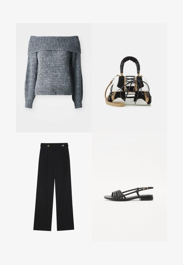 Grauer schulterfreier Pullover mit gestrickter Textur, langen Ärmeln, geripptem Saum und Kragen sowie einer lockeren Passform, ideal zum Layering.; Schwarze weite Hosen mit hoher Taille, Knopfdetails am Bund und vorderen Falten.; Schwarze flache Sandalen mit einem Riemen-Design, das mehrere Lederstraps und eine schmale Schnalle am Knöchel umfasst. Die Sohle ist flach und rechteckig.; Mehrfarbige Handtasche aus schwarzem, weißem und beigem Netzmaterial. Verfügt über einen strukturierten Griff, ein Schnürdesign und einen abnehmbaren Schultergurt.