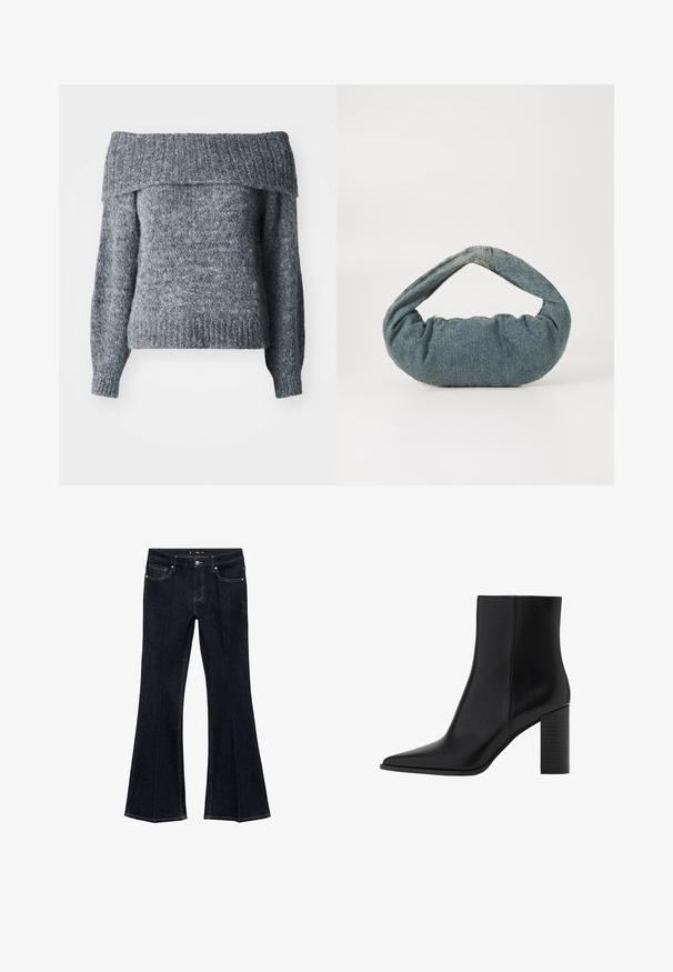 Svetr bez ramínek šedé barvy, pletená textura, dlouhé rukávy, žebrovaný lem a výstřih, volný střih, vhodný na vrstvení.; Tmavě modré denimové džíny s vysokým pasem, předními kapsami a rozšířenými nohavicemi, vystavené na bílém pozadí.; Černé kožené kotníkové boty s špičatou špičkou, čtveratým podpatkem, hladkou texturou a švy podél spojů. Výška podpatku je přibližně 8,9 centimetrů.; Modrá denimová taška s polstrovaným, zaobleným tvarem a křivou rukojetí. Textura je měkká, s viditelným šitím a hladkým povrchem.