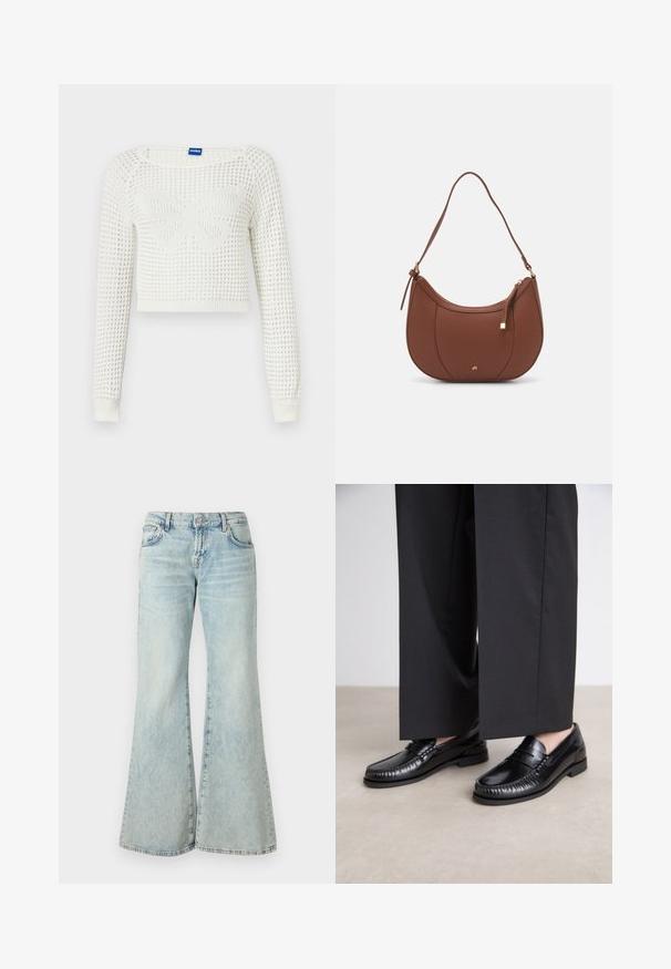 Pull en tricot blanc cropped avec un motif texturé, présentant un design de papillon au centre et des poignets côtelés sur les manches.; Jeans évasés bleu clair en denim, avec une taille haute, des poches et des ourlets effilochés. Le tissu présente un délavage usé et une texture subtile.; Mocassins en cuir noir avec une finition lisse, descoutures autour de l'orteil et une semelle en caoutchouc basse. Assortis à un pantalon large noir.; Sac à épaule en faux cuir brun, de forme arrondie, avec des coutures minimales et un accent en matériel doré. Il possède une fermeture zippée sur le dessus et une sangle réglable.