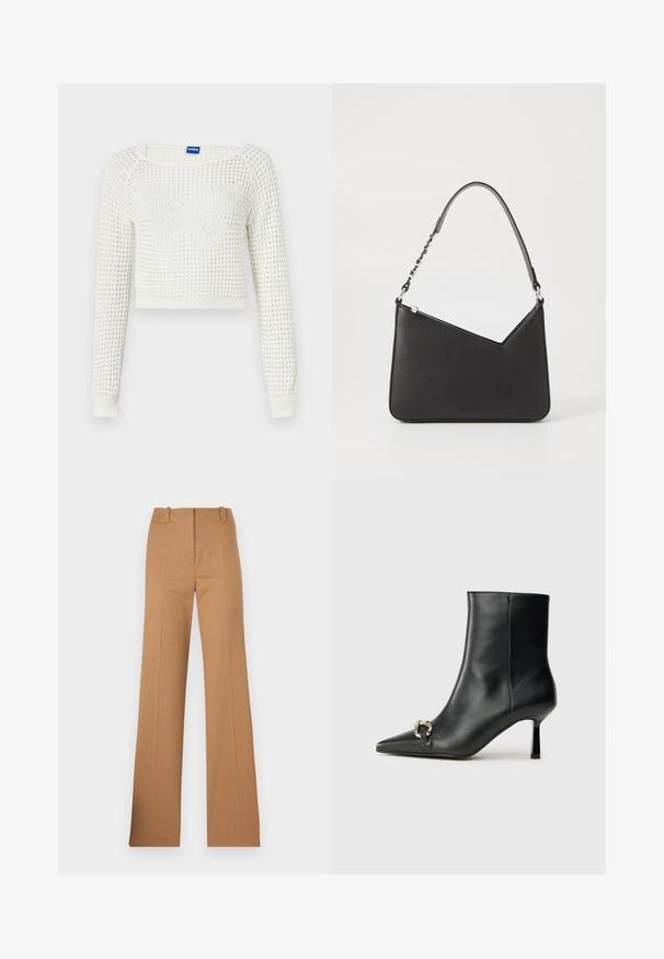 Biały krótki sweter z dzianiny z fakturowanym wzorem, z motywem motyla na środku i ściągaczami przy mankietach.; HUGO HULANA brązowy; Czarny skórzany botek za kostkę z szpiczastym noskiem, smukłym średnim obcasem i srebrnym zapięciem po boku na jednolitym tle.; Czarna skórzana torebka o trójkątnym kształcie, z cienkim paskiem i srebrnymi elementami. Posiada zamek błyskawiczny oraz wytłoczone logo z przodu.