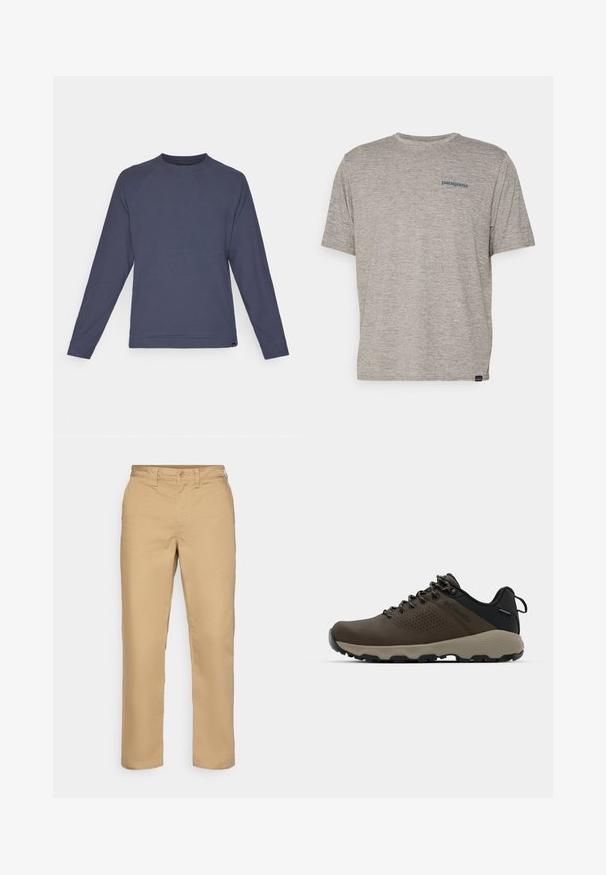 Tumedat sinine pika varrukaga sviiter ümmarguse kaelusega, raglani varrukatega ja siledast materjalist. Omab õmbluse detaili rinna kohal.; Hall tootega hall T-särk lühikeste varrukatega, pehmest tekstuuriga kangast, millel on vasakul rinnal väike sinine Patagonia logo. Täiendavaid mustreid pole.; Khaki püksid, mis on valmistatud puuvillase segukangast, sirge sääre disainiga, nööbiga sulgemine, vööloopide ja ilma nähtavate mustrite või aktsentideta.; Kohandatud veekindlad pruunid spordijalatsid tekstuuriga pealisega, perforatsioonidega detailid, must kandetoetav osa ja hall kummine sisetald. Paelad on metallist otstega.