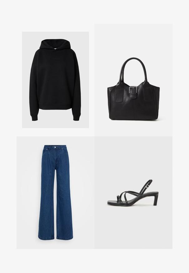 Fekete kapucnis pulóver puha anyagból, laza szabással, bordázott mandzsettákkal és diszkrét logóval az elején.; Magas derekú, széles lábú kék farmernadrág, elülső gomb- és cipzárzárral, valamint elülső és hátsó zsebekkel, sima háttér előtt.; Fekete pántos szandál négyzetes orral és alacsony blokk sarkal. Több vékony pánttal és állítható boka pánttal rendelkezik. Sima bőrből készült.; Fekete bőr bevásárlótáska sima textúrával, strukturált formával, két fogantyúval és egy figyelemfelkeltő ezüst csattal az elején.