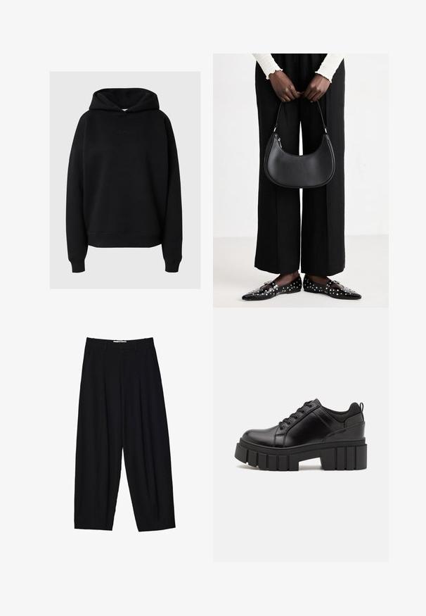 Schwarzer Kapuzenpullover aus weichem Material, mit lockerer Passform, gerippten Bündchen und einem dezenten Logo-Detail auf der Vorderseite.; Schwarze weit geschnittene Hose aus leichtem Stoff, mit vorderen Falten, klassischem Bund und seitlichen Taschen. Angenehme Struktur.; Schwarze Lederplateauschuhe mit klobigem Blockabsatz, runder Zehenpartie und traditionellem Schnürdesign. Verfügt über eine glatte Textur und minimale Details.; Schwarze Leder-Schultertasche mit runder Form, glänzender Oberfläche und silbernem Beschlag. Person trägt schwarze weit geschnittene Hosen und Nieten-Loafers.